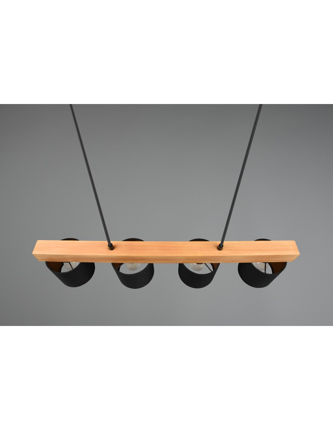 Linearer Kronleuchter aus Holz mit 4 schwarzen Lampenschirmen Cameron Trio Lighting
