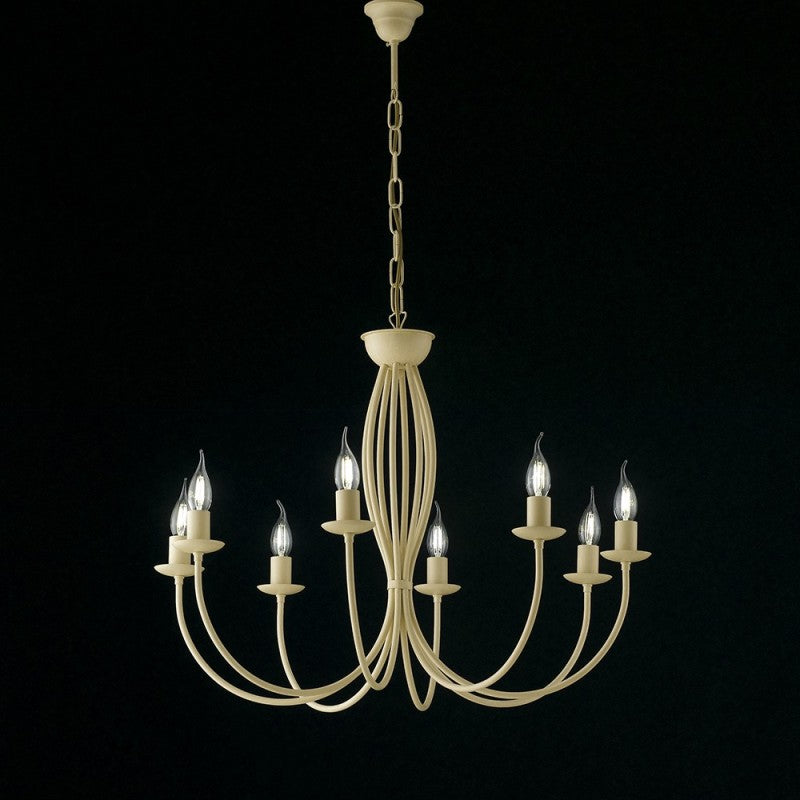 Kronleuchter aus elfenbeinfarben gebeiztem Eisen mit acht Lichtern, 74 x 60 cm