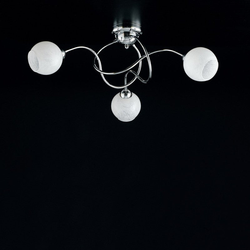 Deckenleuchte aus poliertem verchromtem Eisen mit weißem Glas, 3 Lichter, 60 x H. 24 cm