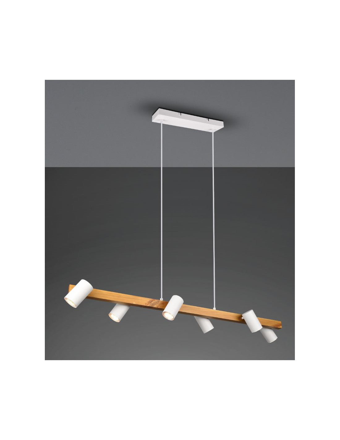 Insel-Kronleuchter aus Holz, 6 verstellbare weiße zylindrische Spots, Marley Trio Lighting