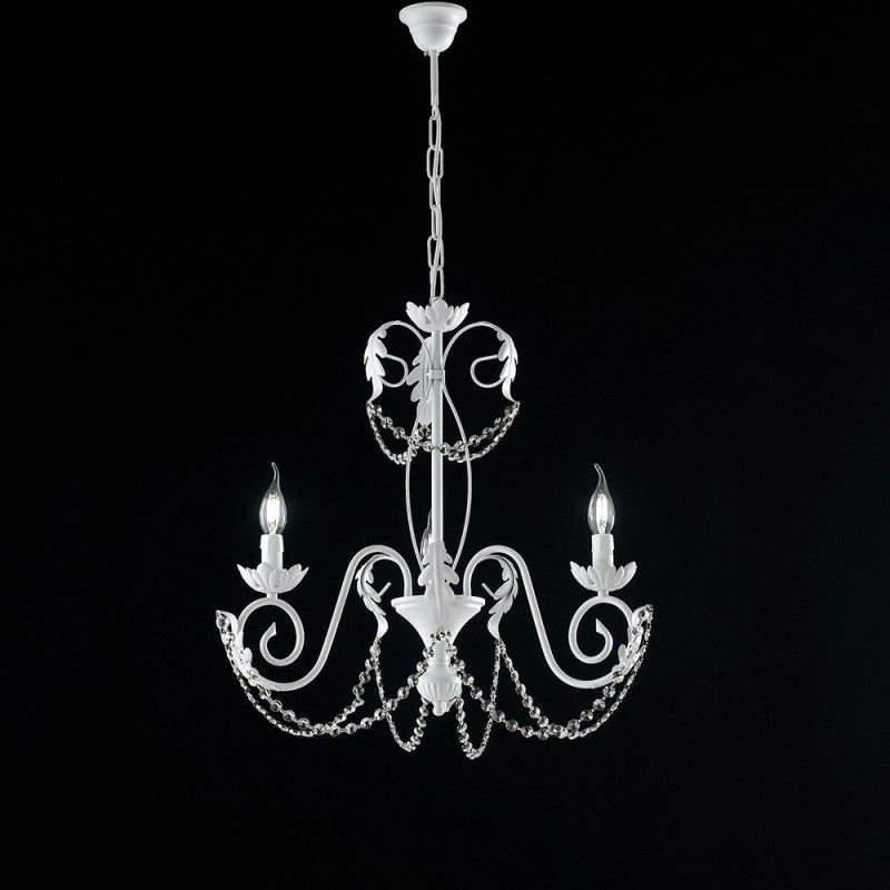 Kronleuchter Eisen Weiß Shabby Strass Damast drei Lichter 47x h60 cm