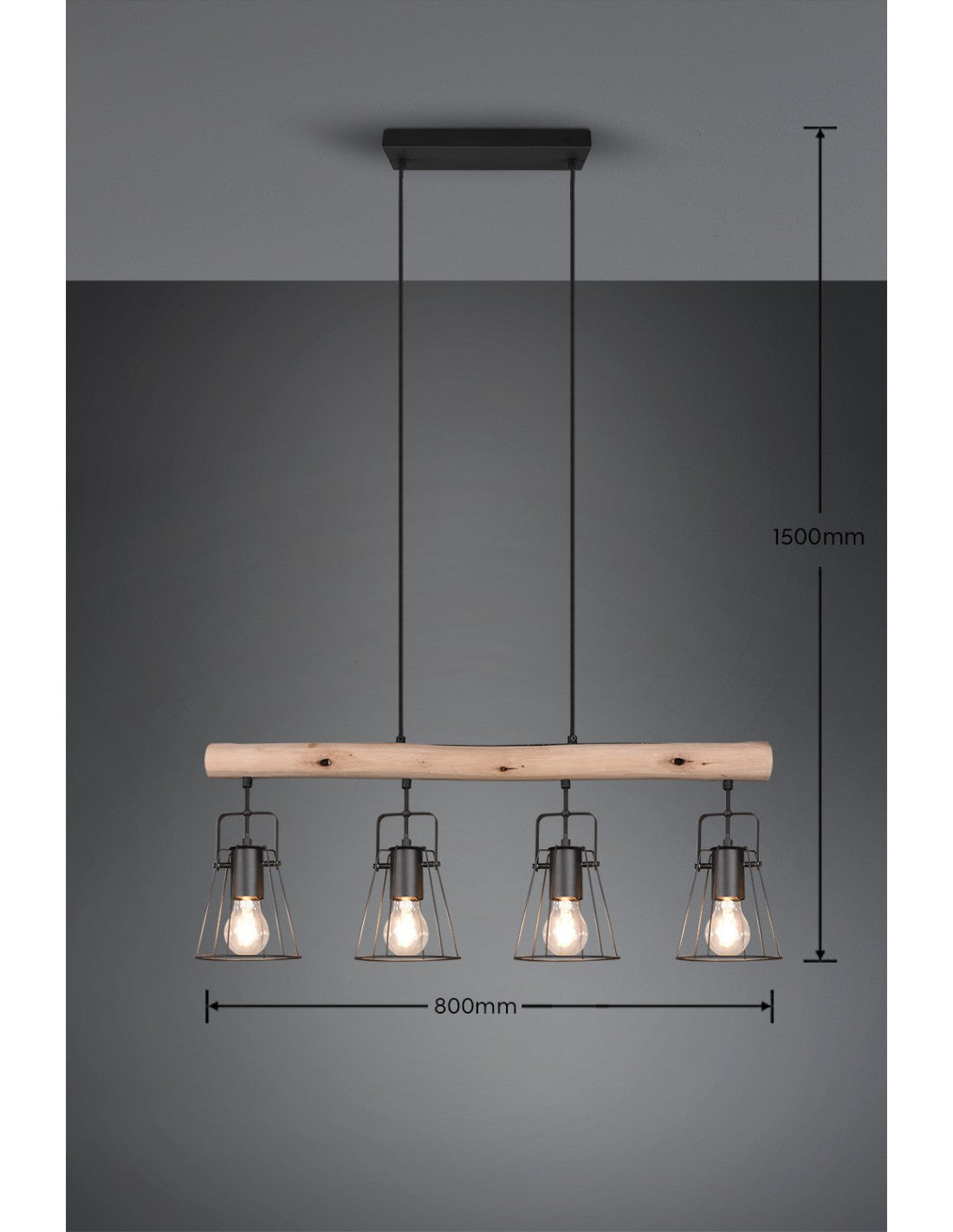 Suspension Wooden Bar 4 Lights Jaipur Industrial Vintage Black And Wood Trio Lighting