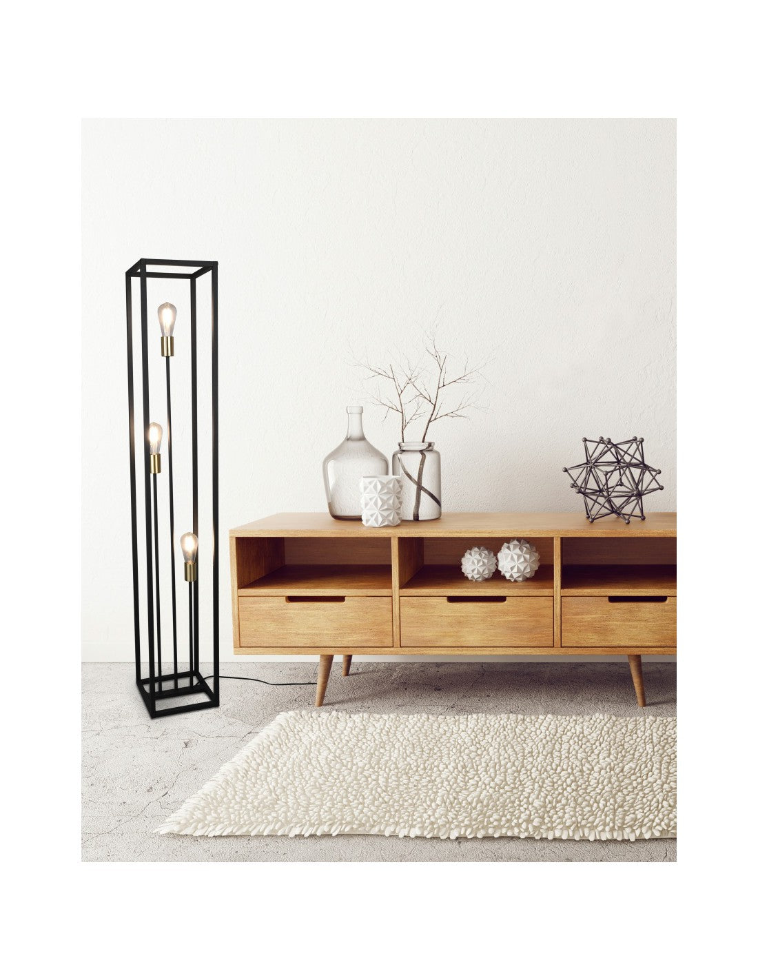 Stehlampe für Wohnzimmer, 3 Lichter, schwarzes Metallgestell, Vito Trio Lighting