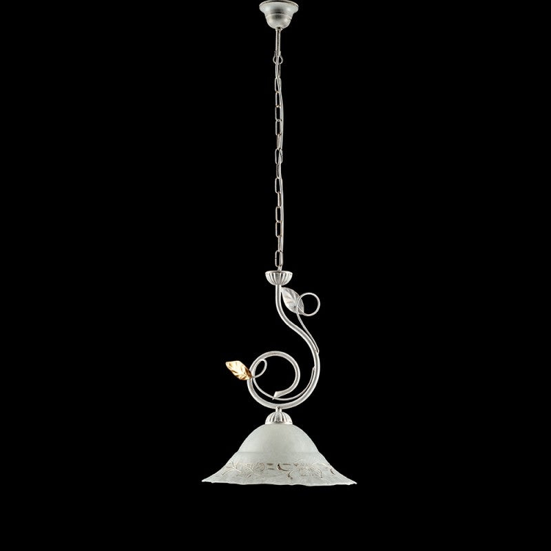 Weißgoldener Kronleuchter aus Eisen, einflammiger Glaslampenschirm, 33 x H49 cm