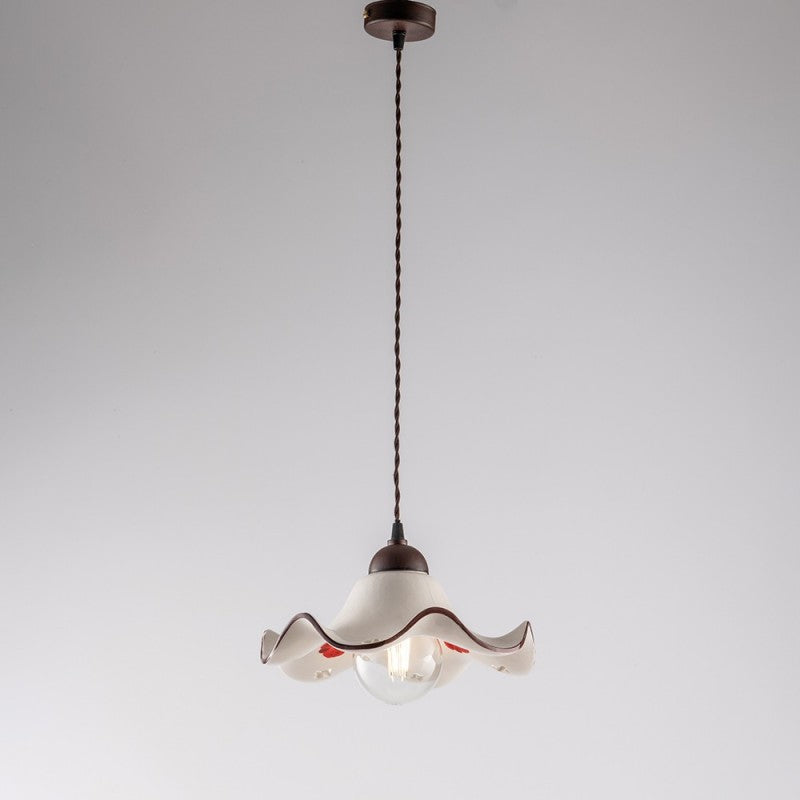 Rostschwarzer Stoffkabel-Kronleuchter, weißer Keramiklampenschirm 30x h16 cm