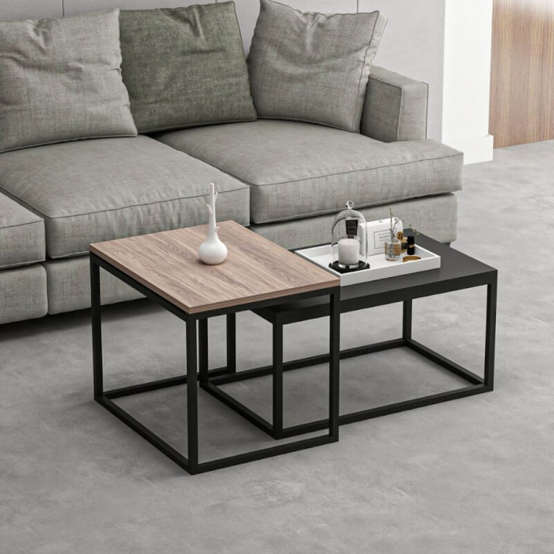 Leka-Couchtischset aus Schwarz und Walnussholz mit Metallstruktur