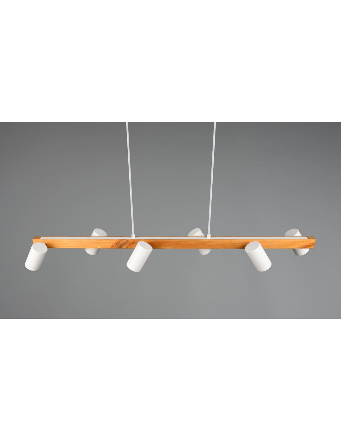 Insel-Kronleuchter aus Holz, 6 verstellbare weiße zylindrische Spots, Marley Trio Lighting