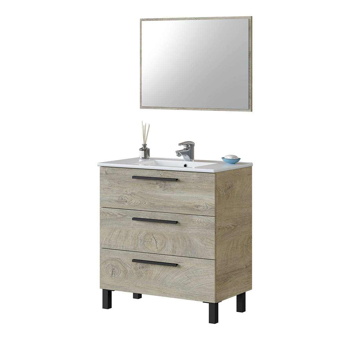 Badezimmerschrank mit 3 Schubladen – 86 x 80 x 45 cm – Alaska-Eiche