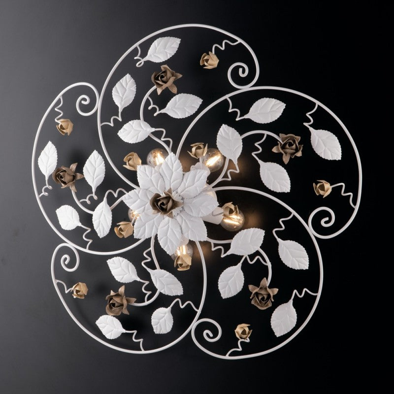 Deckenleuchte aus weiß lackiertem Eisen mit Shabby-Dekor, 5-flammig, 65 cm