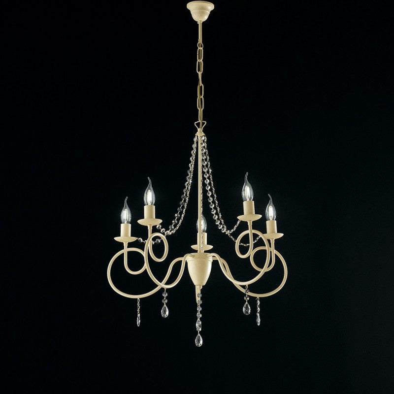 Kronleuchter aus elfenbeinfarbenem Eisen mit fünf Lichtern, eingelegter Verzierung und Strasssteinen, 58 x H72 cm