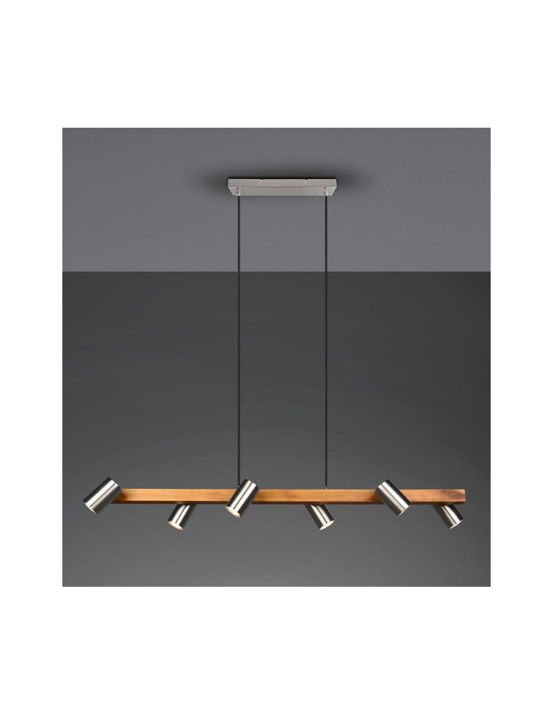 Inselaufhängung aus Holz mit 6 verstellbaren zylindrischen Nickelspots Marley Trio Lighting