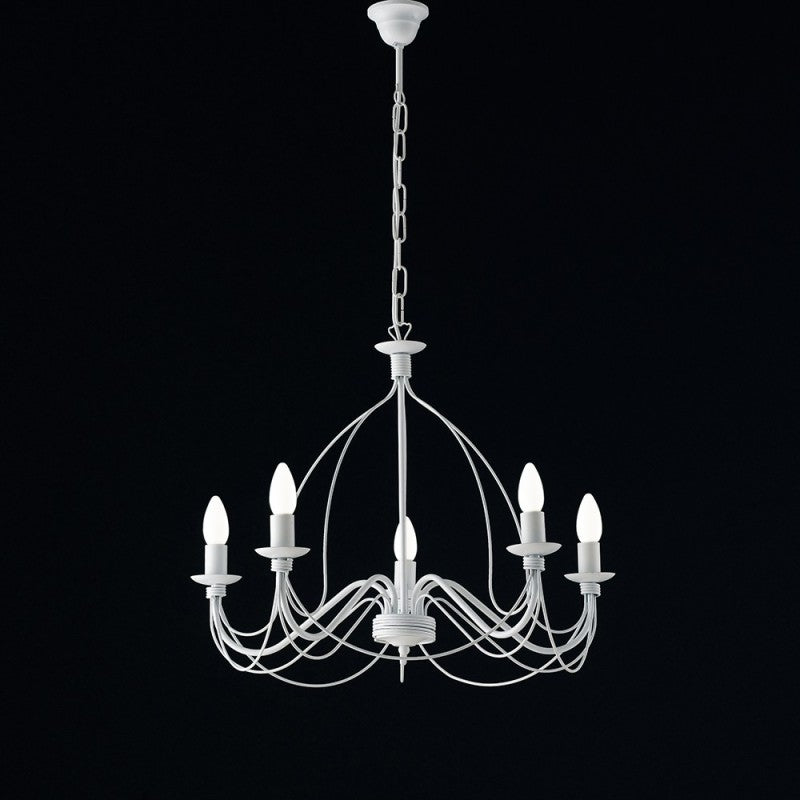 Weißer Shabby-Kronleuchter aus Eisen mit fünf Lichtern, 61 x H45 cm