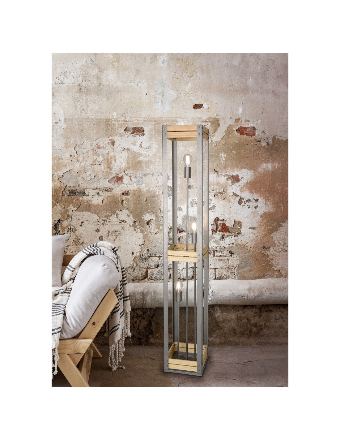 Stehleuchte Vintage Rustikal Naturholz Khan Antik Nickel H153 cm Trio Lighting
