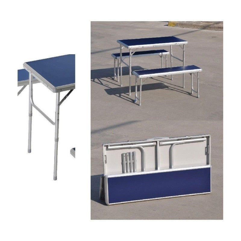 Picknick-Set aus Aluminium und MDF, ein Tisch und zwei Klappbänke in einem Koffer