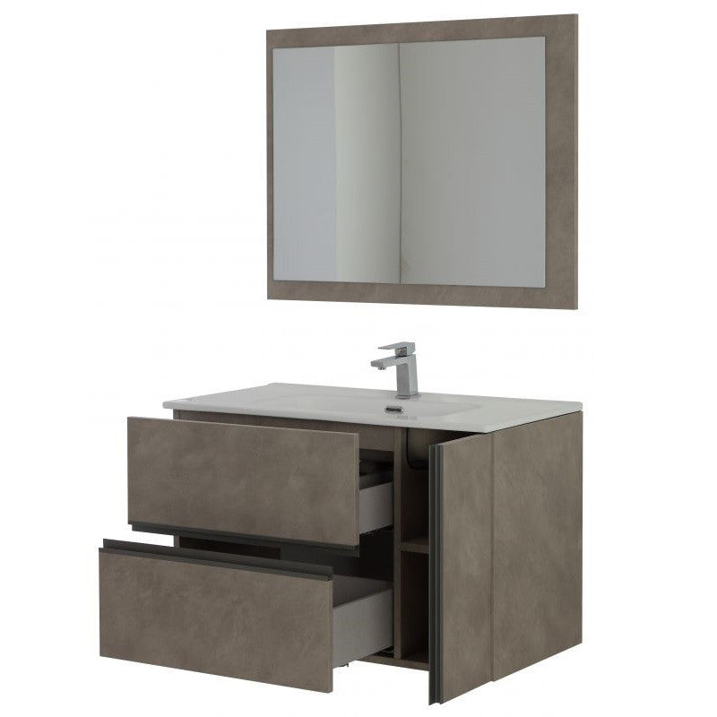 Badezimmerkomposition in der Farbe Asche mit zwei Schubladen und einer Tür, 90 x 46 x 57 cm