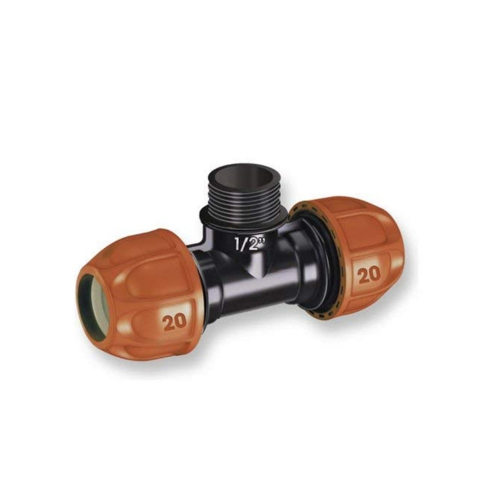 T-Stück für Ø 20 mm Rohr mit 1–2 Zoll M-Gewinde