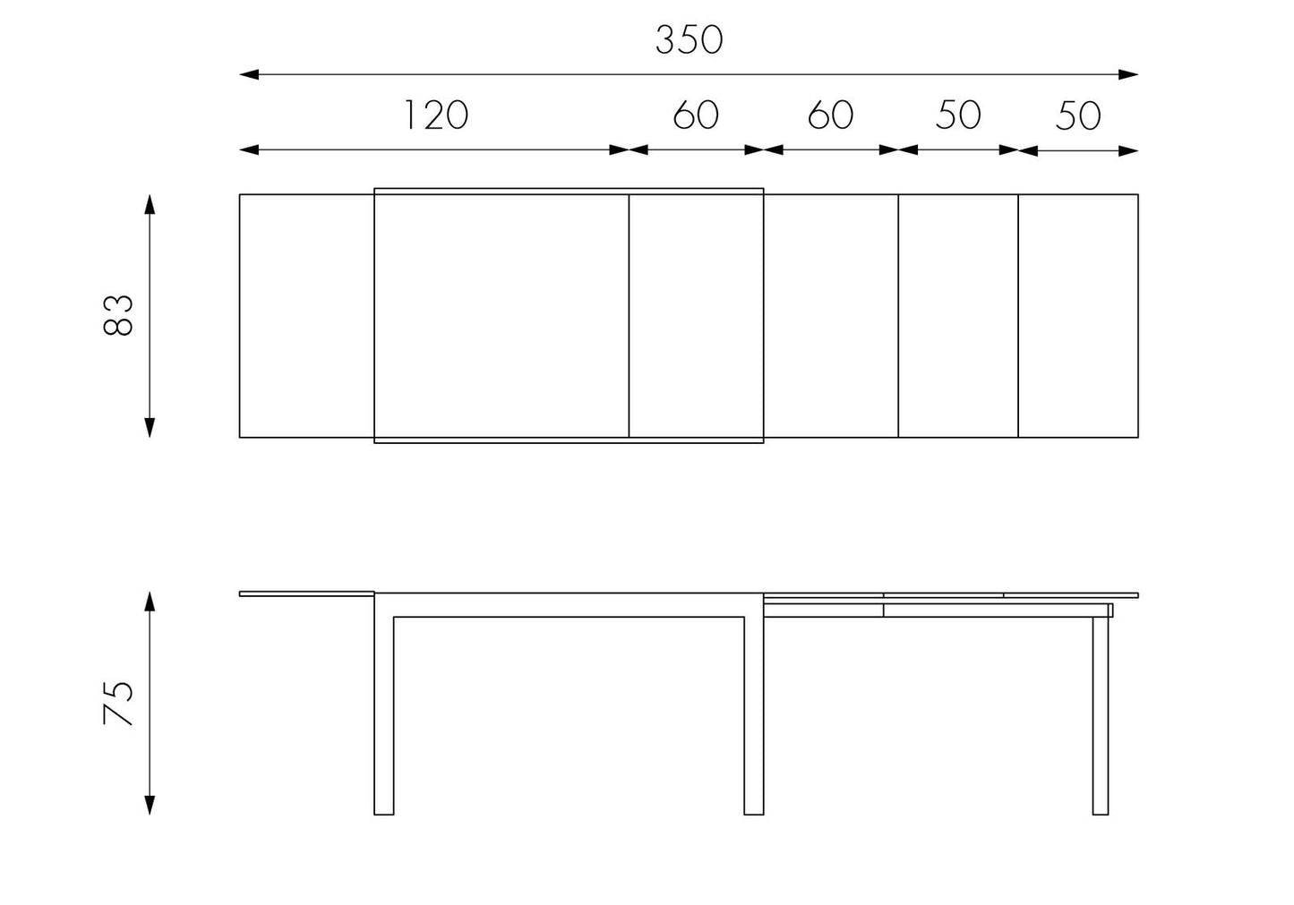 Ausziehbarer Tisch mit grauer Platte aus gehärtetem Glas 120/175/230/290/350x75h cm