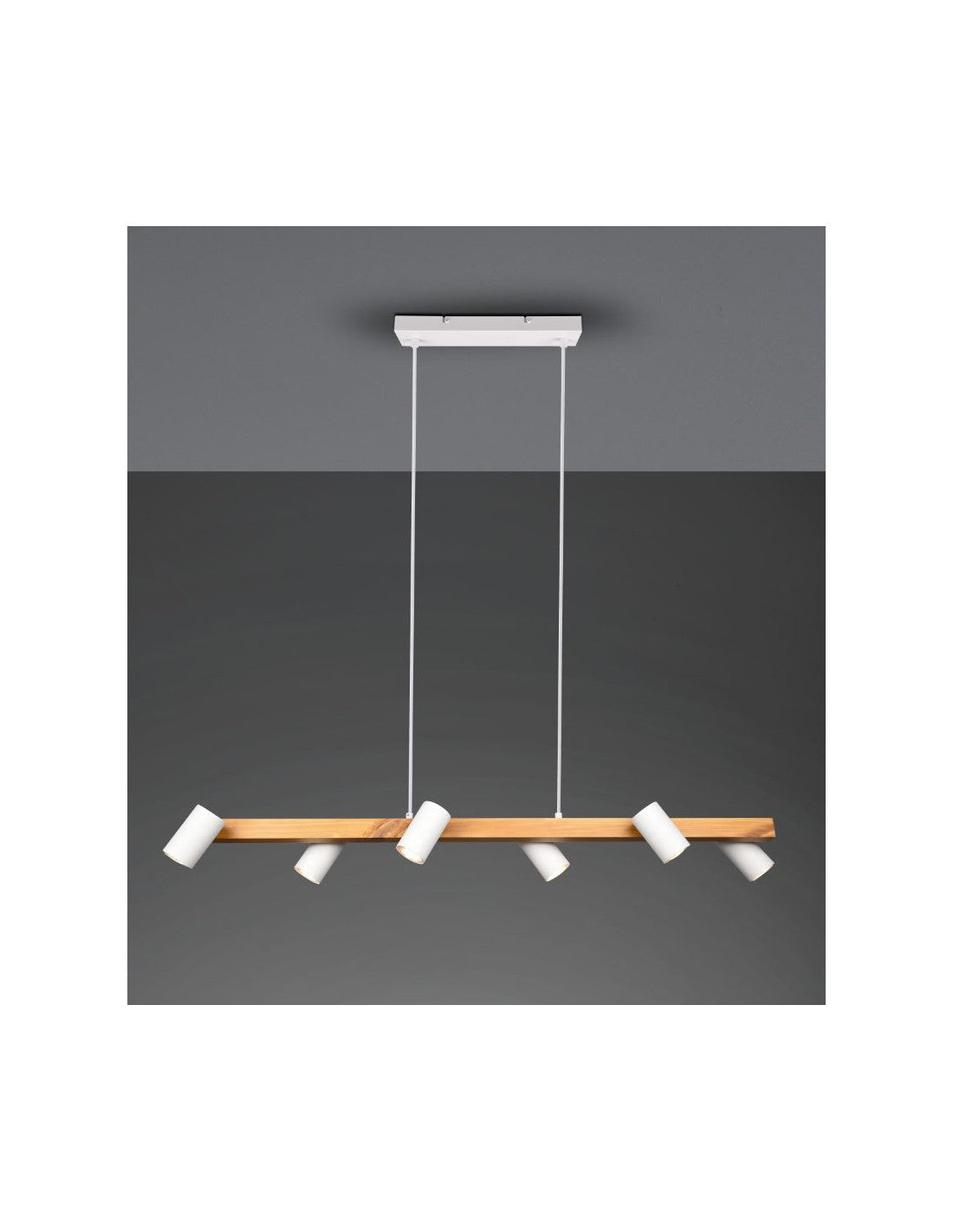 Insel-Kronleuchter aus Holz, 6 verstellbare weiße zylindrische Spots, Marley Trio Lighting