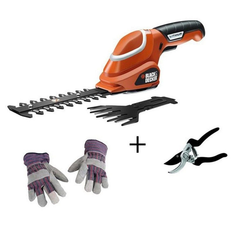 Batteriebetriebenes Heckenscheren-Set von Black and Decker mit Gartenschere und Handschuhen