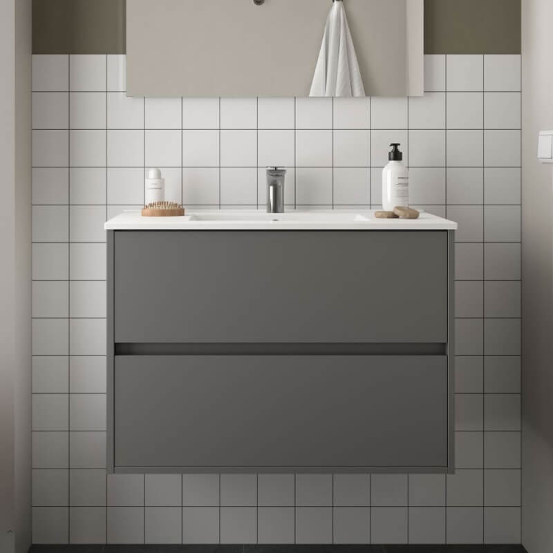 Mobile bagno sospeso Claros90 grigio opaco con lavabo 2 cassetti 90x45x56h