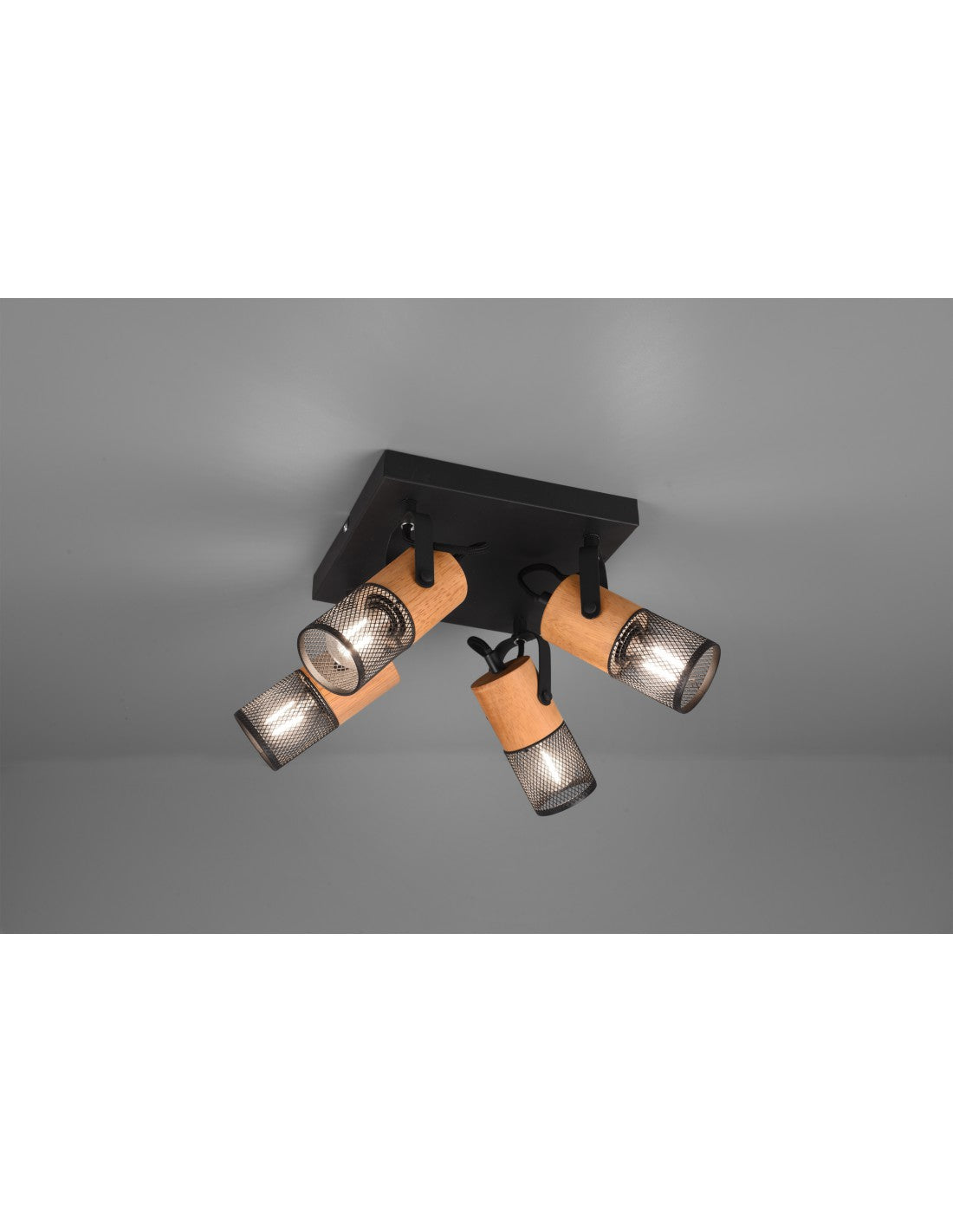 Tosh Schwarze Deckenleuchte 4xE14 Spot Holz- und Metallkäfig 22x22 cm Trio-Beleuchtung
