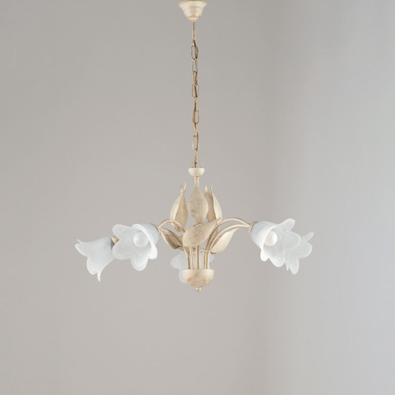 Kronleuchter Eisen Elfenbein Gold fünf Lichter Glas Alabaster Bianchi 68x h43 cm