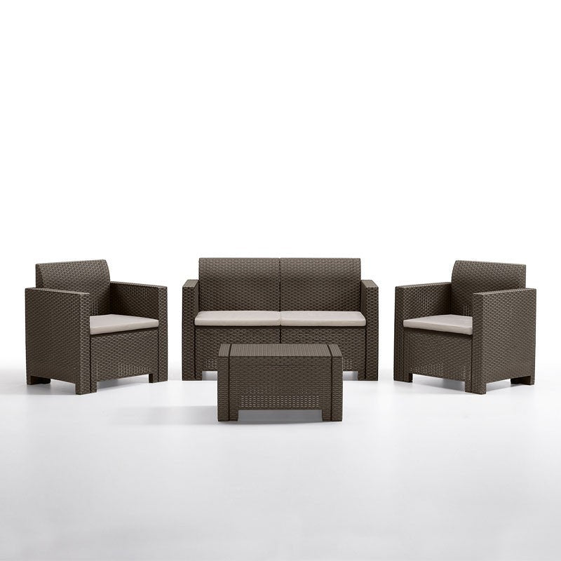 Garten-Loungesofa aus Kunstharz mit Sesseln und Couchtisch