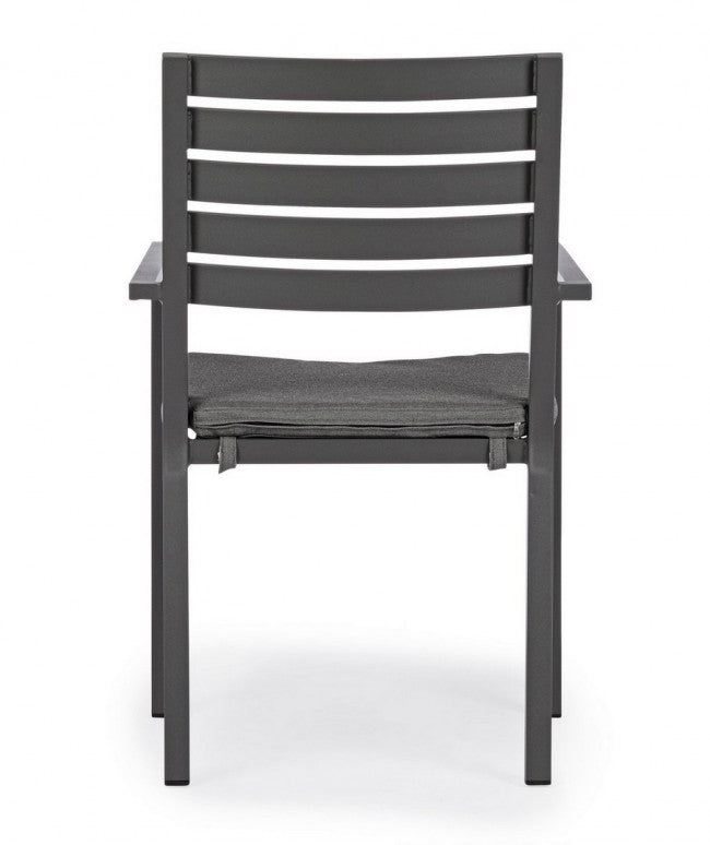 4x anthrazitfarbener Stuhl mit Armlehne und Kissen aus Aluminium im Industriestil