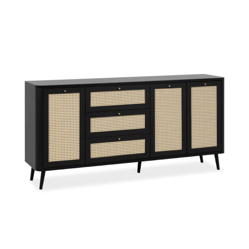 KUTA51A schwarzes Sideboard mit 3 Schubladen und 3 Türen in Bastoptik