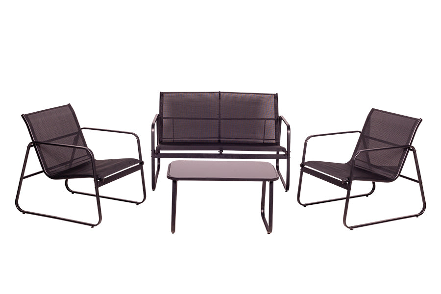 Set aus 4 schwarzen Sofas, Sesseln und Couchtisch. Offene Größe: 165 x 65 x 112 cm