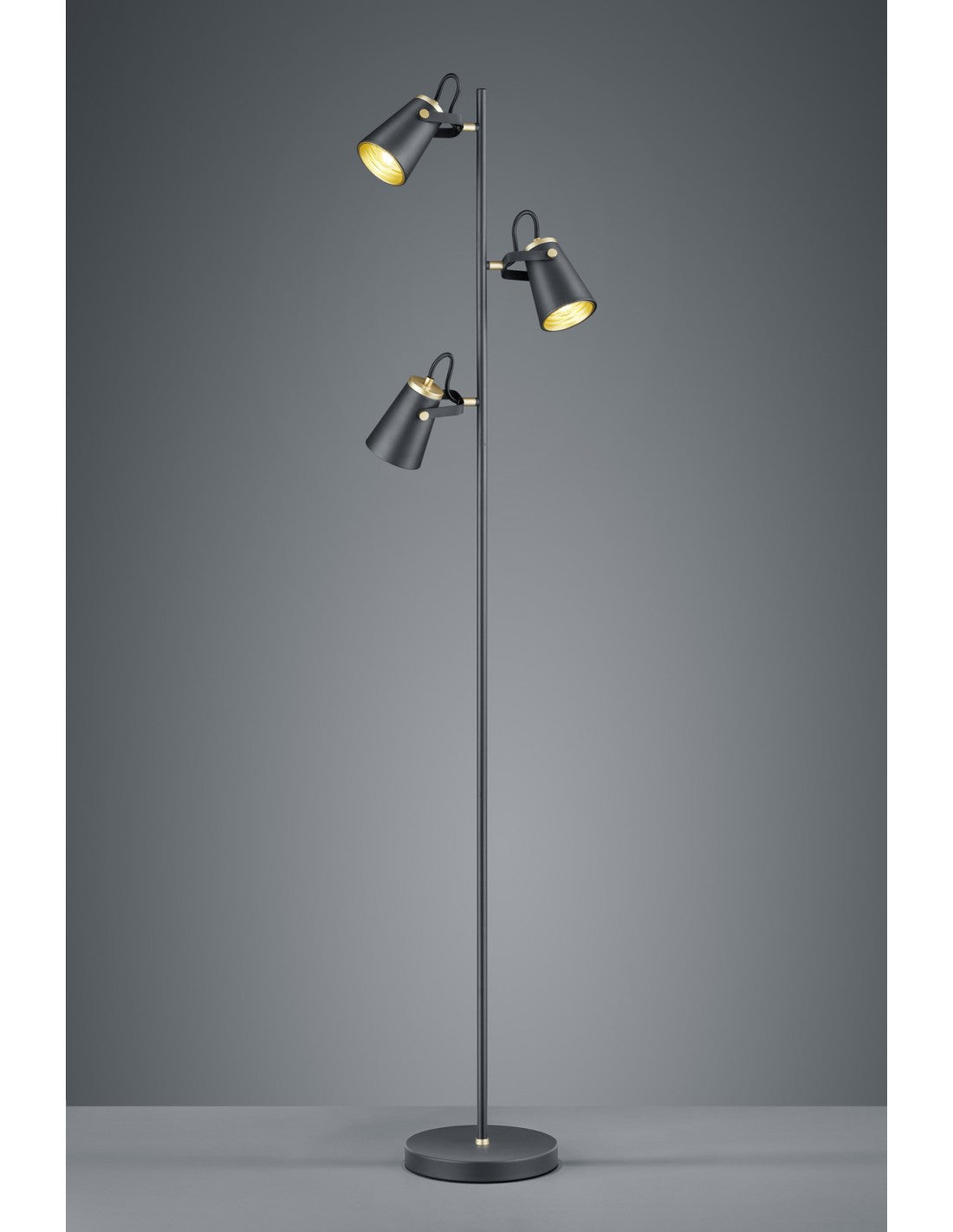 Minimale Stehlampe 3 verstellbare Kegel Edward H160 cm Schwarz und Gold Trio Lighting