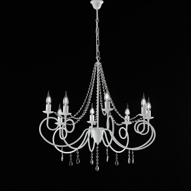 Kronleuchter aus weißem Eisen mit acht Lichtern, Shabby-Dekoration und Strasssteinen, 80 x H75 cm