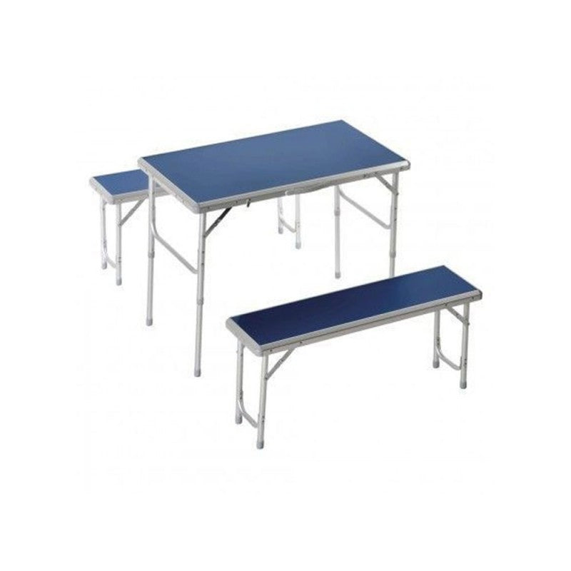 Picknick-Set aus Aluminium und MDF, ein Tisch und zwei Klappbänke in einem Koffer