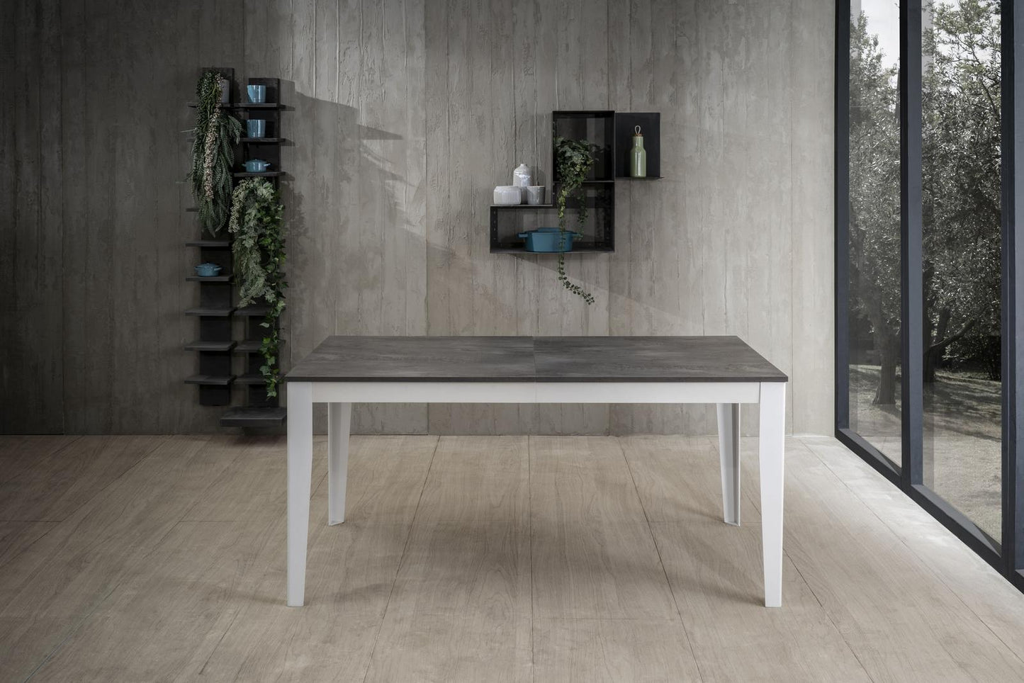 Ausziehbarer Tisch aus grauem Metall und weißem Beton, 80 cm x 130–290 cm, H. 76 cm
