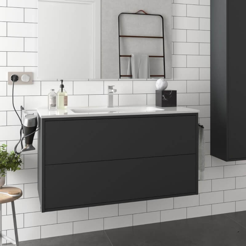 Mobile bagno sospeso Mango100 nero opaco con lavabo 2 cassetti 100x45x54h