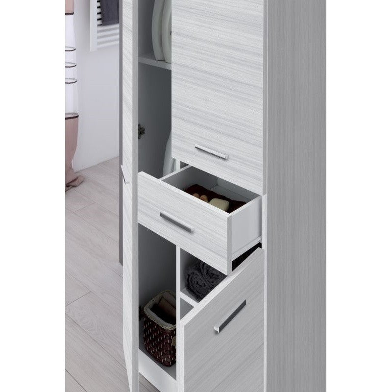 Grauer Badezimmerschrank mit drei Türen und einer Schublade 60x35x 148,5 cm