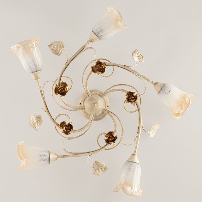 Elfenbeingold-Deckenleuchte aus rosafarbenem Eisen mit fünf Lichtern, 70 x H15 cm