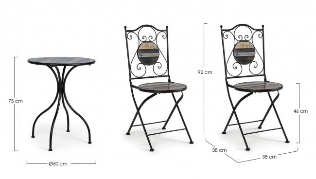 Gartenset aus Tisch und 2 Stühlen mit Huston-Keramikdekorationen