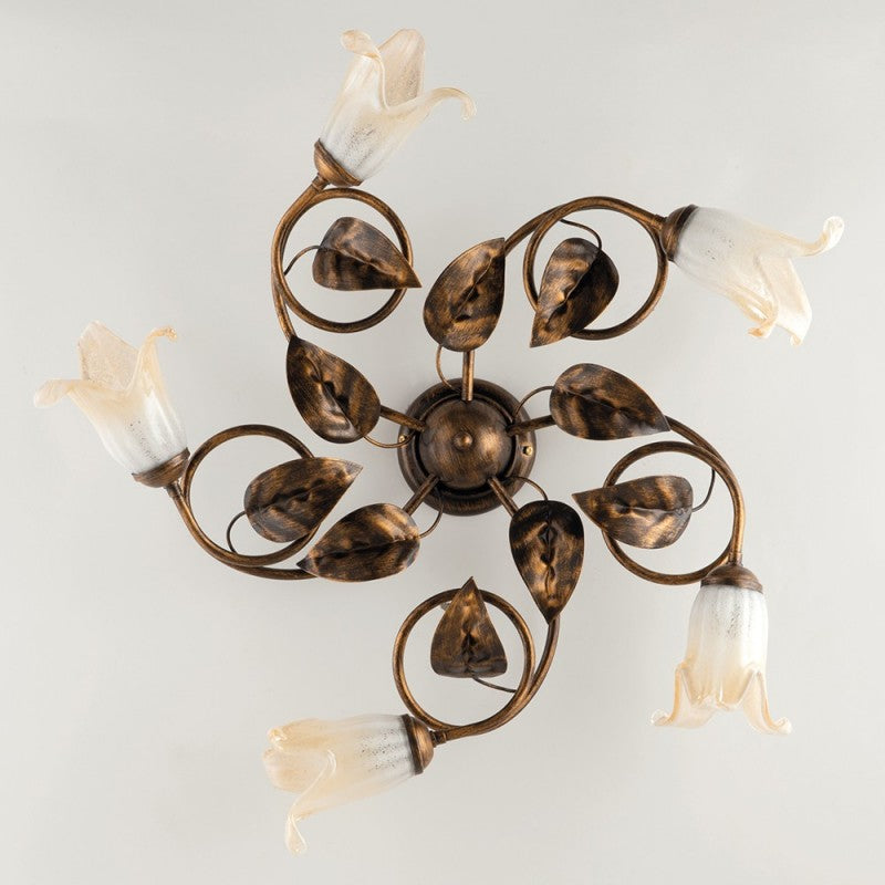 Deckenleuchte aus Eisen, Braun, Gold, Bernstein, Weiß, Glas, fünf Lichter, 70 x H20 cm