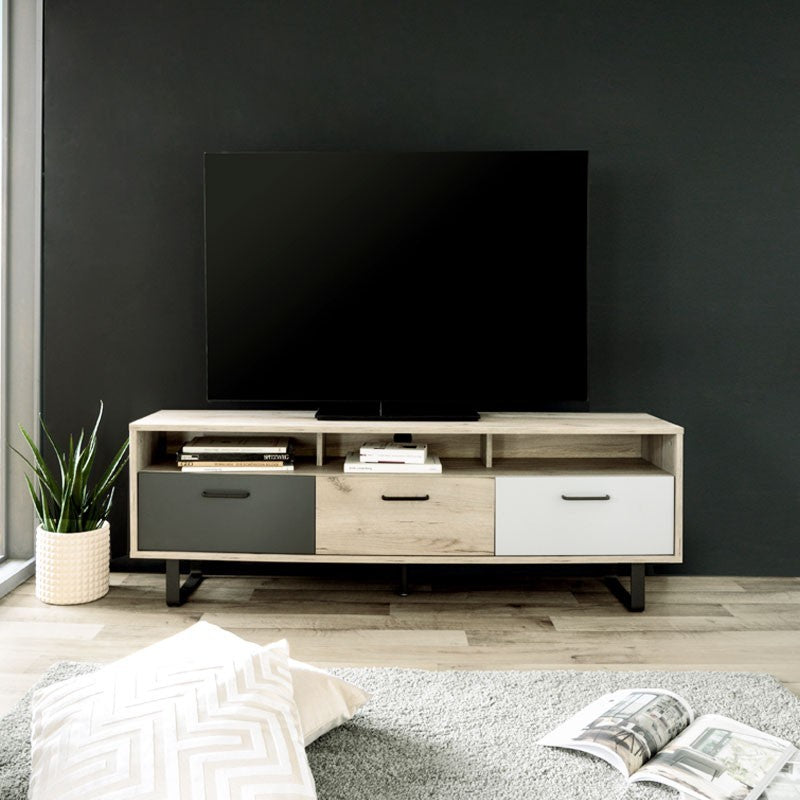 TV-Ständer mit 3 Falttüren in Eiche und Grau, 160 x 35 x 53 cm