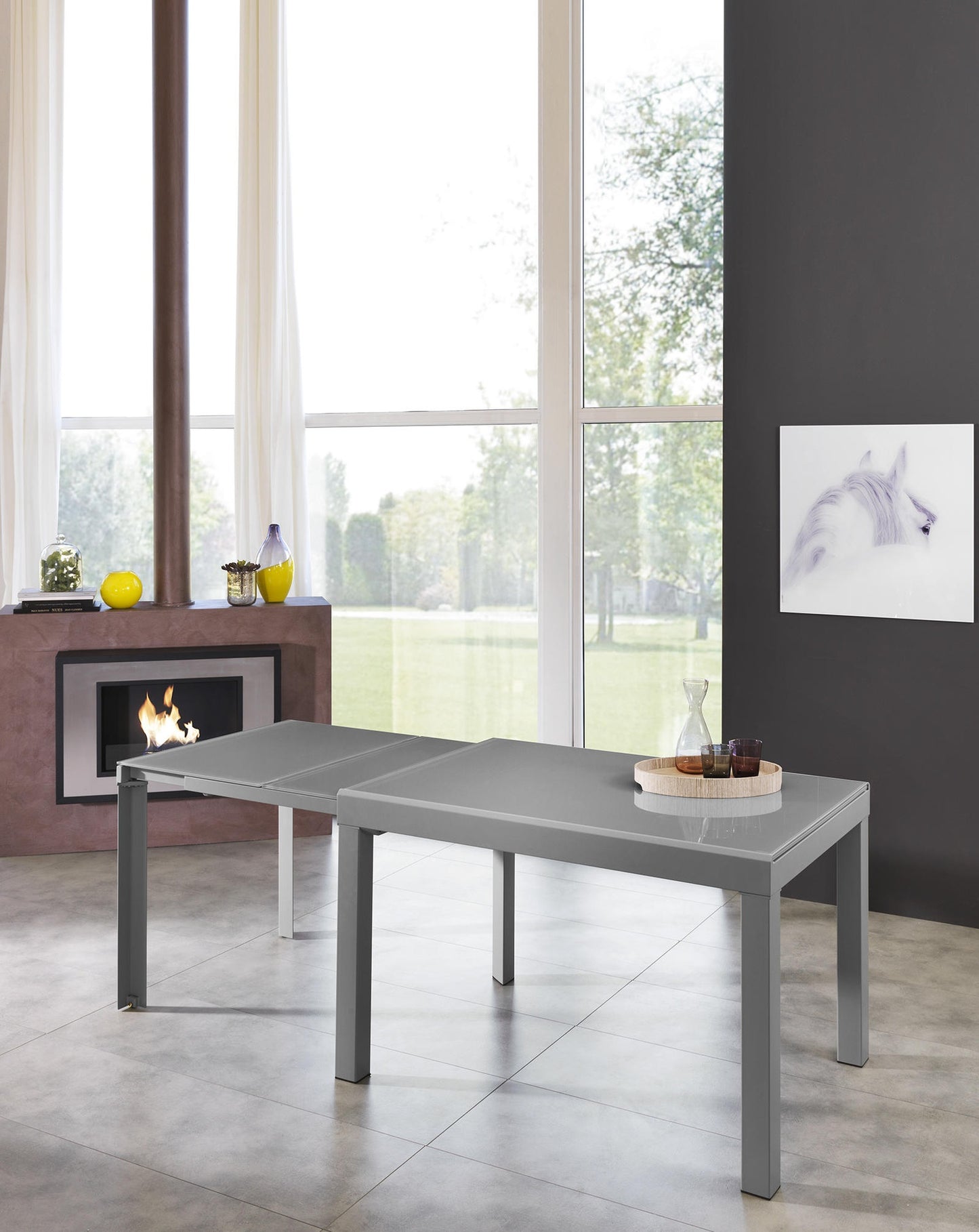 Ausziehbarer Tisch mit grauer Platte aus gehärtetem Glas 120/175/230/290/350x75h cm