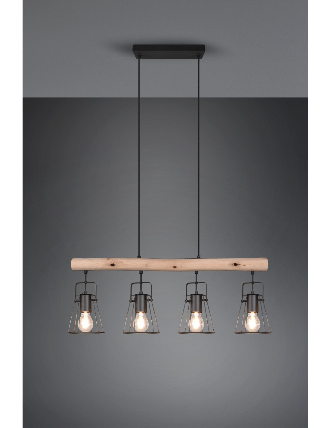 Suspension Wooden Bar 4 Lights Jaipur Industrial Vintage Black And Wood Trio Lighting