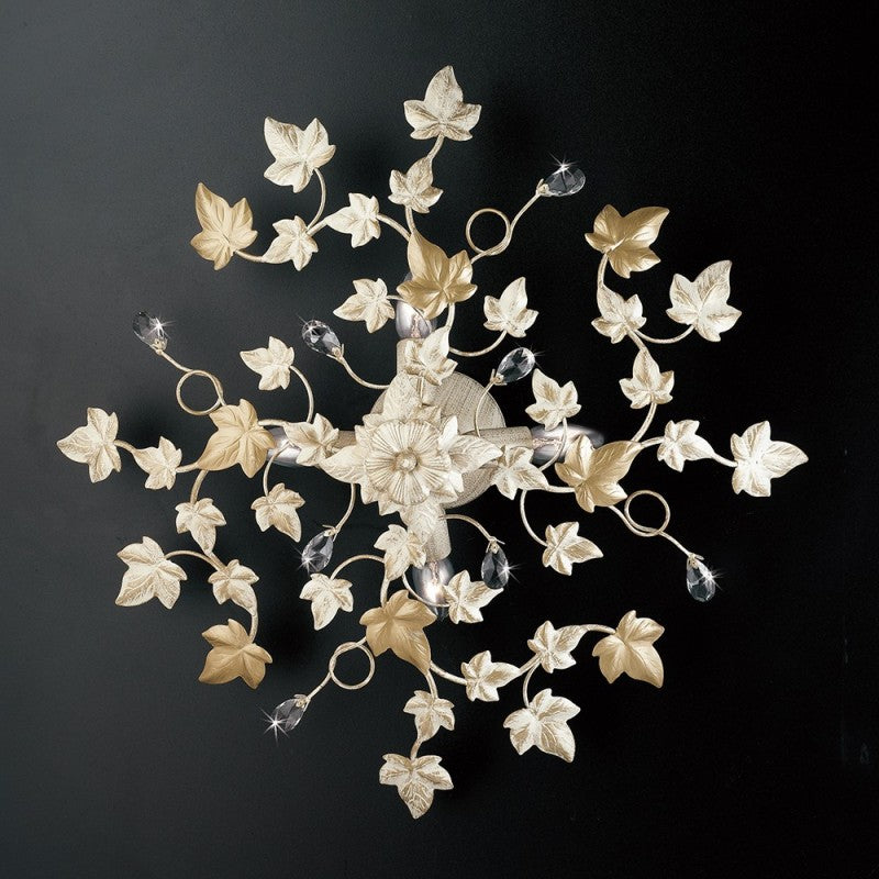 Deckenleuchte aus elfenbeinfarbenem, hellgoldenem Eisen mit vier Lichtern, 60 x H22 cm, Efeu