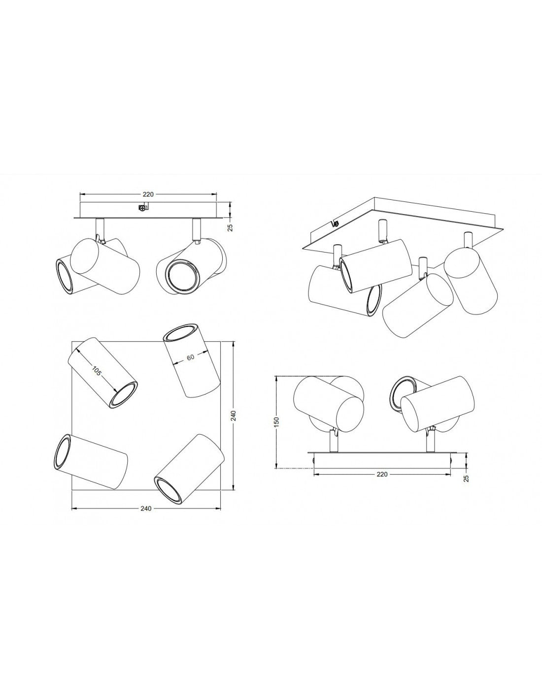 Marley Spotlight Gold Square Plate 4 verstellbare schwarze zylindrische Spots Trio Lighting