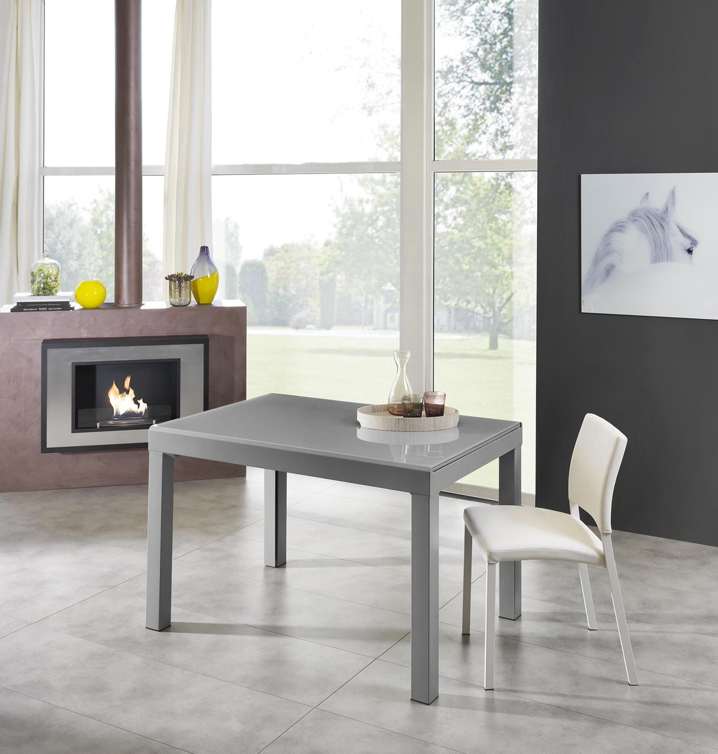 Ausziehbarer Tisch mit grauer Platte aus gehärtetem Glas 120/175/230/290/350x75h cm