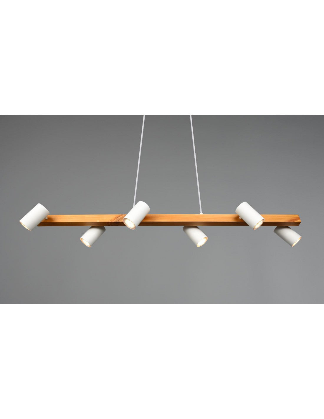 Insel-Kronleuchter aus Holz, 6 verstellbare weiße zylindrische Spots, Marley Trio Lighting