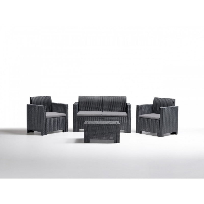 Garten-Loungesofa aus Harz sowie Sessel und Couchtisch