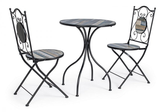 Gartenset aus Tisch und 2 Stühlen mit Huston-Keramikdekorationen
