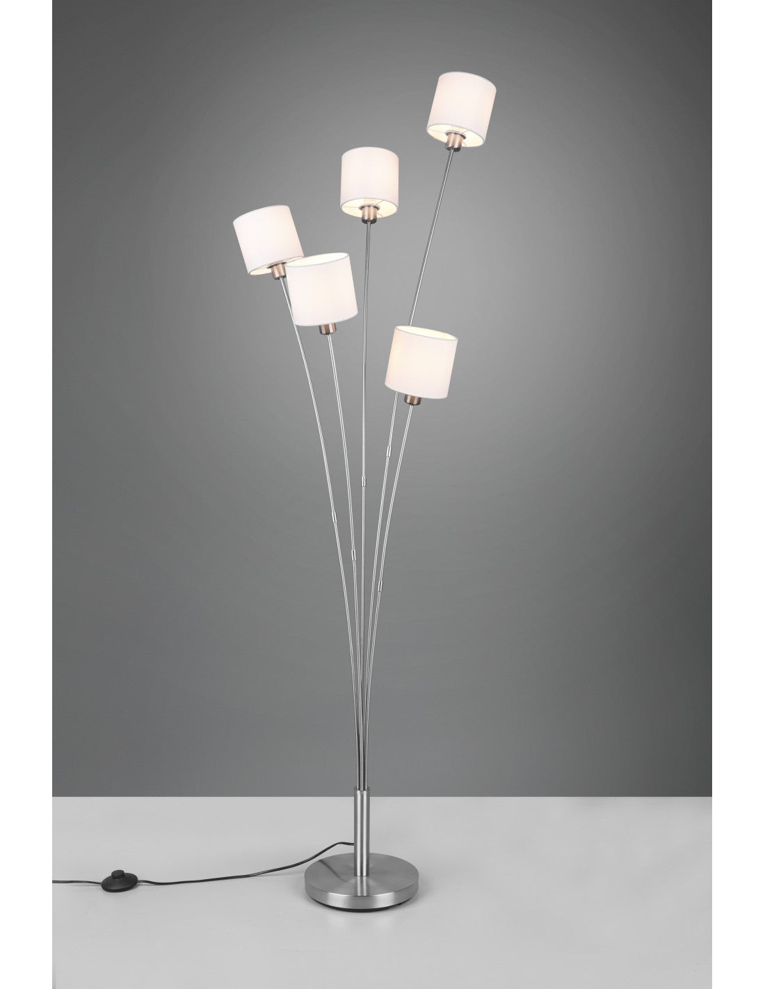 Tommy Nichel Wohnzimmer-Stehlampe, 5 Lampenschirme aus weißem Stoff, H163 cm, Trio-Beleuchtung