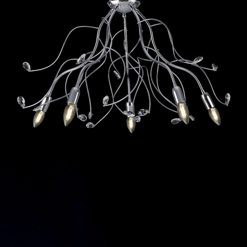 Deckenleuchte aus poliertem verchromtem Eisen mit 5-flammigen Kristall-Strasssteinen